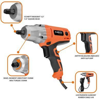 Ударний гайковерт NEO TOOLS 04-719, 450 Вт, 1/2", 350 Нм, 4 голівки, кабель 6 м 04-719 фото