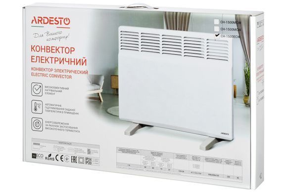 ARDESTO Конвектор електричний СН-1500ECW, 1500 Вт, 15 м2, закритий нагрів. елемент, LED-дисплей, IP 24, електронне керування, тижневий програматор, білий (312698)