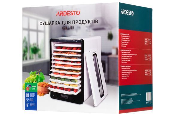Сушилка для продуктов ARDESTO FDB-1138, 550Вт, поддонов -10+1x3см, макс-70&deg;С, рег.темп, пластик, белый (337837) FDB-1138 фото