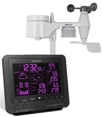 Метеостанция Sencor, внутр/наруж измерение, от сети/CR2032x1+AAx3темп-ра, влажность, время, прогноз погоды, атм. давление, скор. ветра, чёрный