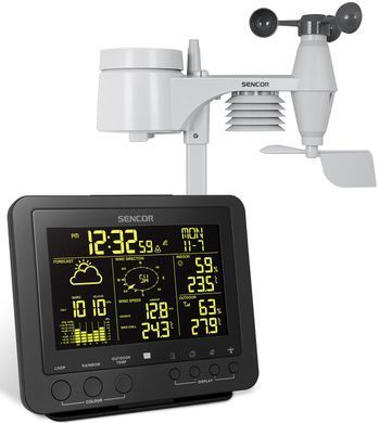Метеостанция Sencor, внутр/наруж измерение, от сети/CR2032x1+AAx3темп-ра, влажность, время, прогноз погоды, атм. давление, скор. ветра, чёрный