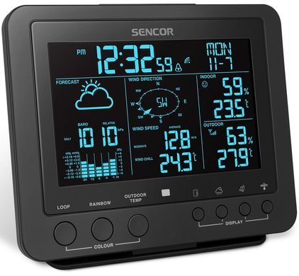 Метеостанция Sencor, внутр/наруж измерение, от сети/CR2032x1+AAx3темп-ра, влажность, время, прогноз погоды, атм. давление, скор. ветра, чёрный