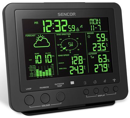 Метеостанция Sencor, внутр/наруж измерение, от сети/CR2032x1+AAx3темп-ра, влажность, время, прогноз погоды, атм. давление, скор. ветра, чёрный