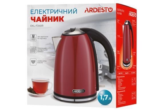 Електрочайник ARDESTO EKL-F340R 1.7л/2200Вт/strix контроль/нерж. сталь/червоний (354605) EKL-F340R фото
