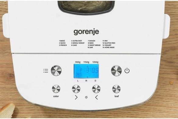 Хлебопечка Gorenje 750Вт, программ-14, макс.вес -1.350кг, форма прямоугольник, пластик, белый (380764) BM1350W фото