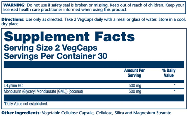 L-Lysine Monolaurin 1:1 - 60 vcaps Solaray