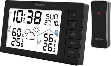 Метеостанция Sencor, внутр/наруж измерение, AAx3+AAx2, темп-ра, влажность, время, прогноз погоды, чёрный