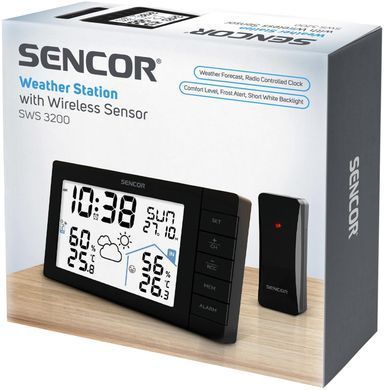 Метеостанція Sencor, внутр/зовн вимірювання, AAx3+AAx2, темп-ра, вологість, час, прогноз погоди, чорний (393212)
