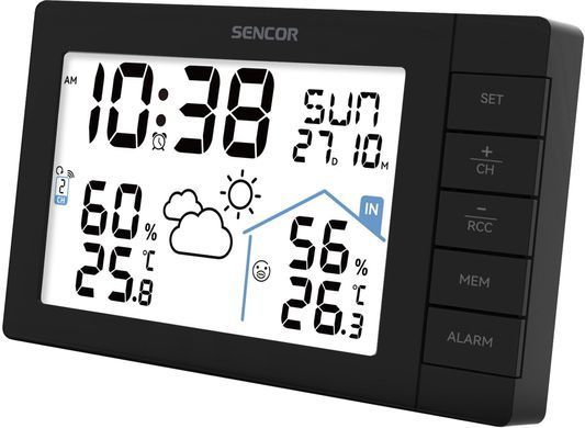 Метеостанція Sencor, внутр/зовн вимірювання, AAx3+AAx2, темп-ра, вологість, час, прогноз погоди, чорний (393212)