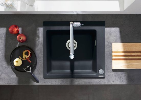 Мойка кухонная Hansgrohe S51, гранит, квадрат, без крыла, 560х510х190мм, чаша- 1, накладная, S510-F450, черный графит