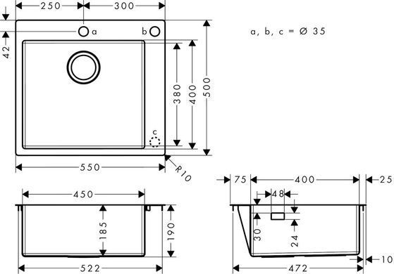 Мойка кухонная Hansgrohe S51, гранит, квадрат, без крыла, 560х510х190мм, чаша- 1, накладная, S510-F450, черный графит