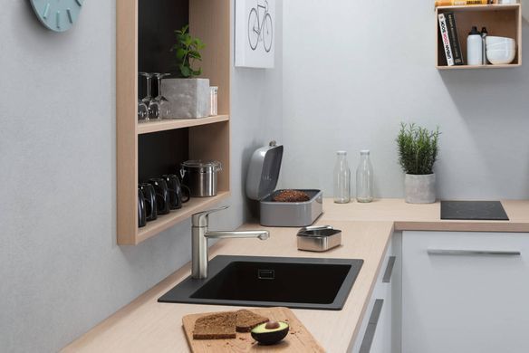 Мойка кухонная Hansgrohe S51, гранит, квадрат, без крыла, 560х510х190мм, чаша- 1, накладная, S510-F450, черный графит