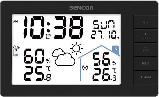 Метеостанція Sencor, внутр/зовн вимірювання, AAx3+AAx2, темп-ра, вологість, час, прогноз погоди, чорний (393212)