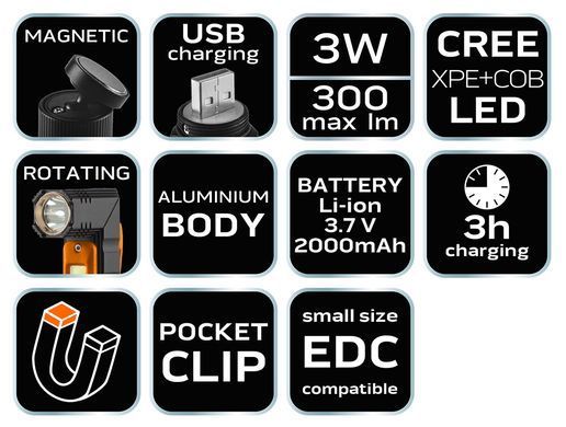 Ліхтар акумуляторний NEO Tools 99-034, CREE XPE + COB LED, 300 лм, USB, магніт, 5 режимів 99-034 фото