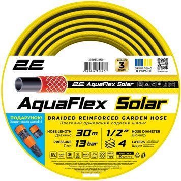 Шланг садовий 2Е AquaFlex Solar 1/2" 30 м, 4 шари, 13 бар, в комплекті зрошувач, конектор, адаптер 2в1 2E-GHE12SR30 фото