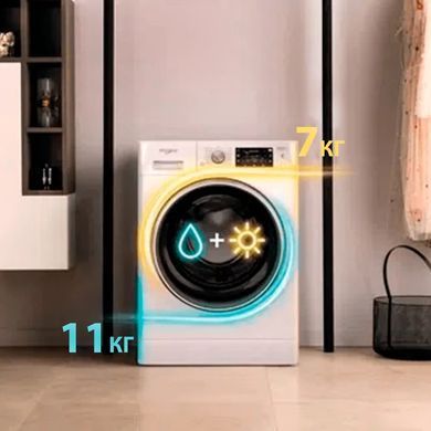 Whirlpool Стирально-сушильная машина фронтальная, 11(7)кг, 1600, A, 60см, дисплей, пар, инвертор, люк черный, белый FFWDB1176258BCVUA фото