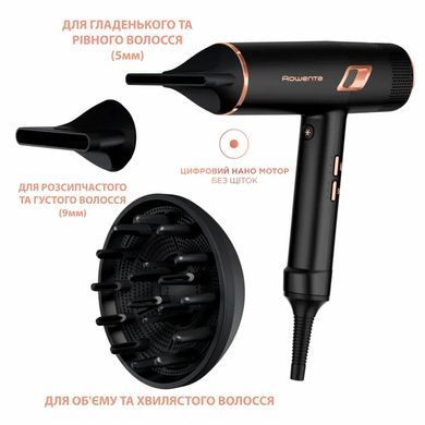 Rowenta Фен Ultimate Experience Maestria, 2000Вт, 3 режими, дифузор, кейс для зберігання, іоніз-я, хол. обдув, чорний (385736) CV9920F3 фото