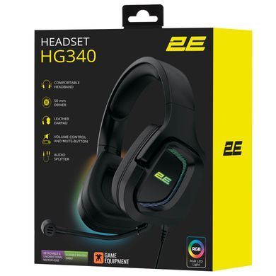 Гарнитура игровая 2E GAMING HG340, mini-jack/dual 3.5mm, RGB, 2м, чёрный 2E-HG340BK фото