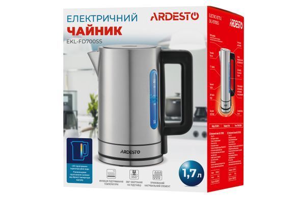 Электрочайник ARDESTO EKL-FD700SS 1.7л/2200Вт/strix контроль/нерж. сталь/поддержка температуры/серебристый (354618) EKL-FD700SS фото