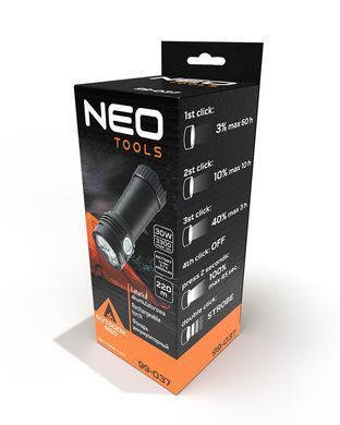 Аккумуляторный фонарь NEO Tools 99-037, OSRAM P9, 3300 лм, 30 Вт, 220 м, 5 режимов, с аккумулятором и USB-заря. 99-037 фото