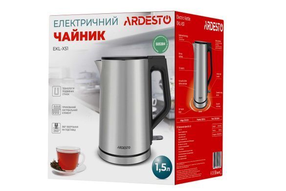 Електрочайник ARDESTO Steel Collection 1.5л, подвійні стінки, сріблястий (360277) EKL-X51 фото