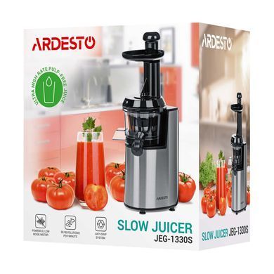 Соковыжималка шнековая ARDESTO 200Вт, чаша-0.6л, жмых-0.6л, пластик/металл, серебристо-черный (301164) JEG-1330S фото