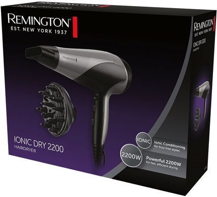 Remington Фен Ionic Dry, 2200Вт, режимов-3, дифузор,турмалиновая иониз-я, хол. обдув, серо-черный D3190S фото