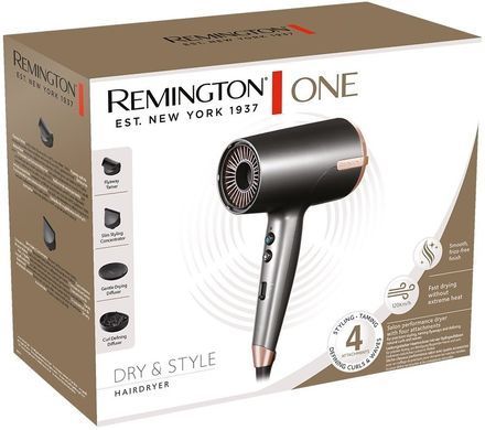 Remington Фен ONE, 2000Вт, 8 режимів, дифузор,чохол,іоніз-я, хол. обдув, термо-сенсор, сірий (371107) D6077 фото