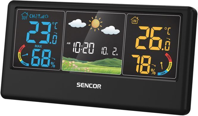 Метеостанция Sencor, внутр/наруж измерение, от сети/АААх3+ААх2, темп-ра, влажность, время, прогноз погоды, чёрный