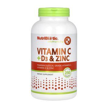 Вітамін C, D3 та цинк, Immunity, Vitamin C, D3 & Zinc, NutriBiotic, 250 капсул