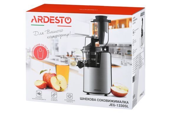 Соковитискач шнековий ARDESTO 200Вт, чаша-0.6л, жмих-0.6л, пластик/метал, сріблясто-чорний (301165) JEG-1330SL фото