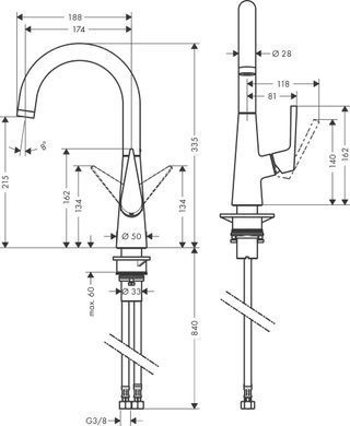 Змішувач для кухні Hansgrohe Talis S, довж.виливу - 174мм, поворотний, 1важіль, KM220, хром (355281)