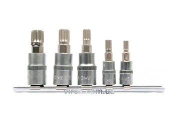 Головки торцеві з насадками YATO: "SPLINE" M5,M6, квадрат 1/4",M8,10,12, квадрат 3/8".Набір 5 шт