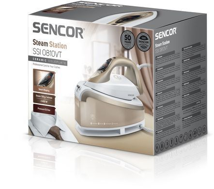 Sencor Праска-парогенератор, 2400Вт, 1500мл, паровий удар -395гр, постійна пара - 130гр, Anti-calc, керам. підошва, біло-золотий (370748) SSI0810VT фото