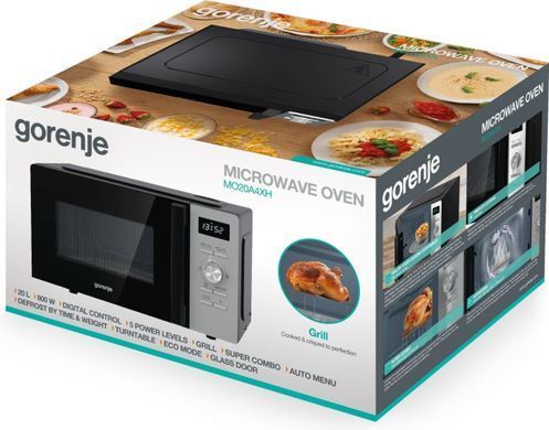 Мікрохвильова піч Gorenje, 20л, електр. керув., 800Вт, гриль, дисплей, 11 програм, нерж (374602) MO20A4XH фото