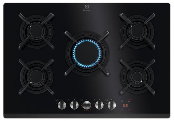 Electrolux Варочная поверхность газ на стекле, 75см, чугун, электр. управл., Hob2Hood, черный KGG753753K фото