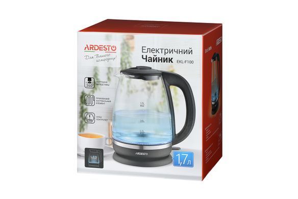Електрочайник ARDESTO EKL-F100 1.7л/2150Вт/strix контроль/корпус скло/чорний (313710) EKL-F100 фото