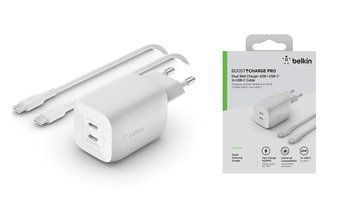 Зарядний пристрій мережевий Belkin 65Вт 2хUSB-С GAN PD PPS, кабель USB-С > USB-C, 2м, білий