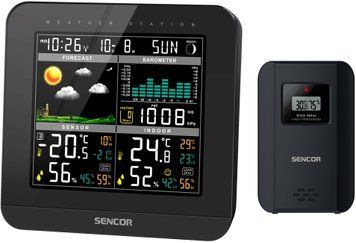 Метеостанция Sencor, внутр/наруж измерение, от сети/AAAх3+AAx2, темп-ра, влажность, время, прогноз погоды, атмосферное давление, чёрный