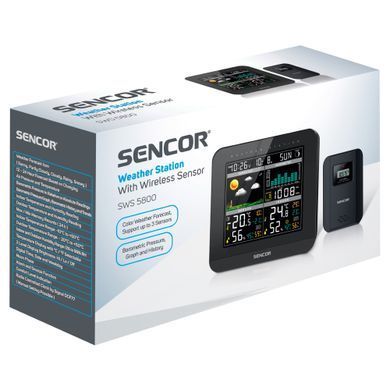 Метеостанція Sencor, внутр/зовн вимірювання, від мережі/AAAх3+AAx2, темп-ра, вологість, час, прогноз погоди, атмосферний тиск, чорний (380863)