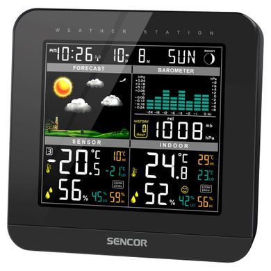 Метеостанція Sencor, внутр/зовн вимірювання, від мережі/AAAх3+AAx2, темп-ра, вологість, час, прогноз погоди, атмосферний тиск, чорний (380863)