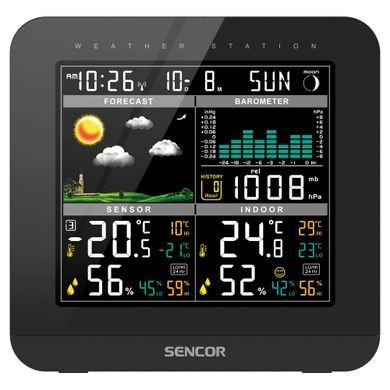 Метеостанція Sencor, внутр/зовн вимірювання, від мережі/AAAх3+AAx2, темп-ра, вологість, час, прогноз погоди, атмосферний тиск, чорний (380863)