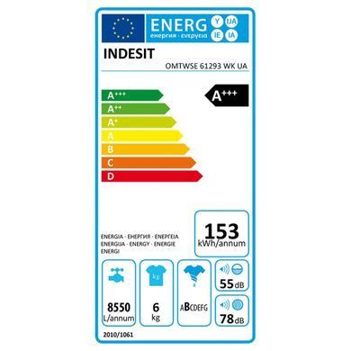 Indesit Пральна машина фронтальна, 6кг, 1200, A+++, 43см, дисплей, інвертор, люк чорний, білий (379130) OMTWSE61293WKUA фото