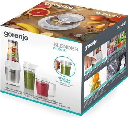 Блендер Gorenje стаціонарний 1000Вт, чаша-750мл, подрібнювач, білий-нерж (389006) BN1000E фото