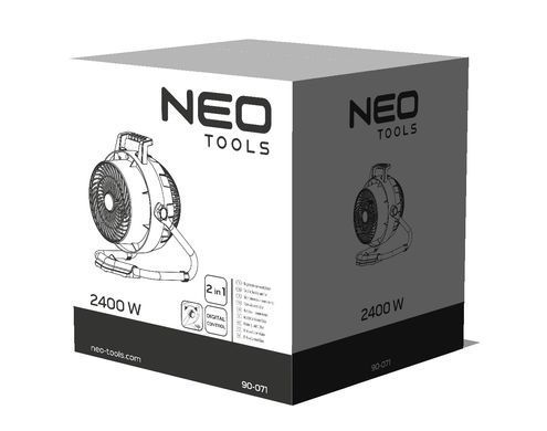 Теплова гармата електрична Neo Tools , 2в1 з функцією вентилятора, 2.4кВт, 35-50м кв, 460м куб/год, цифрове регулювання, чорний (330960)