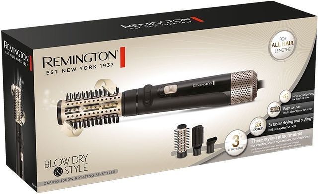 Remington Фен-щетка Blow Dry & Style Caring, 1000Вт, режимов-2, ионизиция, хол. обдув, керамика, черный AS7580 фото