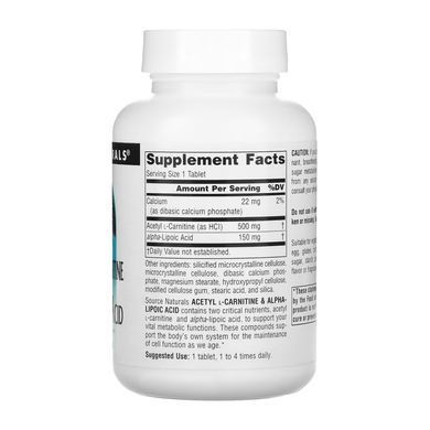 Acetyl L-Carnitine & Alpha-Lipoic Acid 650mg Source Naturals / Ацетил-L-Карнитин и Альфа-липоевая кислота