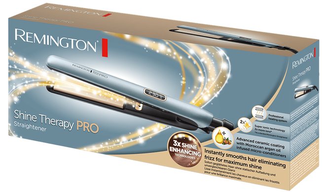Remington Випрямляч Shine Therapy PRO, 54Вт, темп.режимів-9, 150-230С, дисплей, іонізація, кераміка, блакитний (332939) S9300 фото