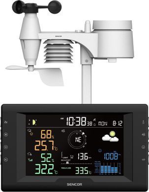 Метеостанція Sencor, внутр/зовн вимірювання, від мережі/CR2032x1+AAx3, темп-ра, вологість, час, прогноз погоди, атмосферний тиск, шв. вітру, чорний (393220)