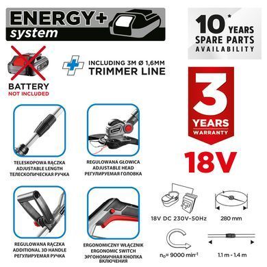Аккумуляторная мотокоса GRAPHITE 18V 58GE112, ширина скашивания 280 мм, без аккумулятора и ЗУ 58GE112 фото